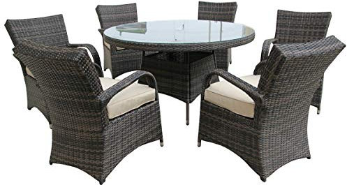 Rattan Garden Furniture Dining Set | 6 Seater Patio Round Table Chairs | 7 PCS Outdoor PE Rattan Wicker Tempered Glass Dining Table Set| NO ASSEMBLY & ALUMINIUM FRAME | Mix Brown with Beige Cushion