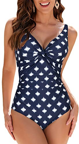WIN.MAX Maillots de Bain Une pièce pour Femmes col en V Ventre contrôle Maillot de Bain Push Up ruché Monokini Maillots de Bain, pour Cupule D à G(Etoile Blanche & Bleu,EU42)
