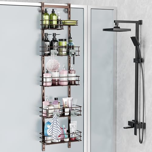 Orimade Duschregal für die Tür, verstellbar, 5 Etagen, Bronze, Badezimmer-Hänge-Organizer, Regal, rostfrei, mit 4 Haken, Duschkorb mit Seifenhalter und Saugnapf