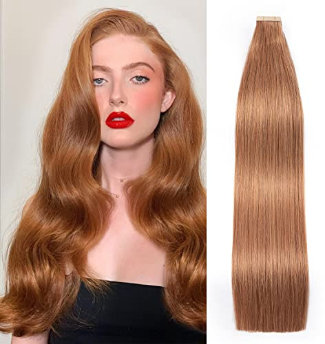 HotLulana Tape Extensions Echthaar Auburn Ginger Extensions Echthaar 14zoll/35cm 40g Invisible Remy 100% Natürliche Tape in Extensions Echthaar Human Hair 20pcs Skin Weft Tape Ins Extensions #30.