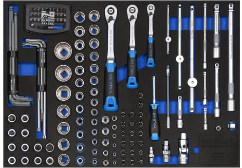 SW-Stahl Z3011-14 Werkstattwagensortiment, Steckschlüssel 1/4“, 3/8“, 1/2“, mit Ratschen, 144 TLG I Werkzeugwagen Einlagen I Profi Werkstatteinrichtung I Werkzeugeinlage bestückt Kfz I