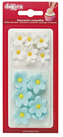 Dekora - Essbare Blumen für Torte aus Zucker - Box mit 7 weißen und 7 blauen Gänseblümchen - Zuckerblumen Tortendeko Geburtstag Essbar
