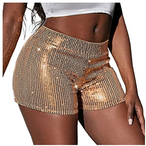 SHTGOI 1 Stück Damen Pailletten Shorts Glitzer Hohe Taille Hot Pants Sexy High Elastic Hotpants Casual Lose Kurz Hosen Kleidung für Bar-Shows Mottoparty Nacht Club Club Tanz Kostüm Gold