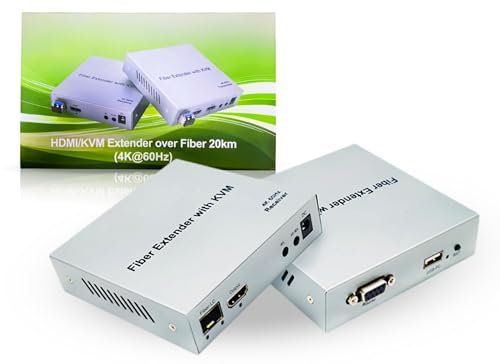 Extender in Fibra HDMI 4K, Ricetrasmettitore Ottico Video HDMI KVM 20KM, Extender HDMI su Adattatore di Estensione HDMI in Fibra Ottica Supporta Tutti i Sistemi (Spina UE)