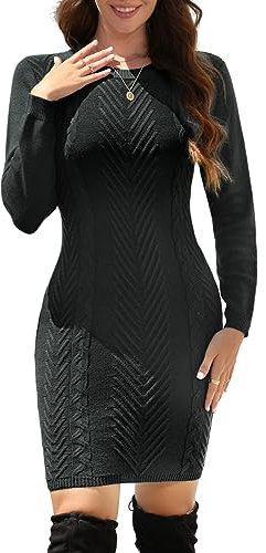 UMIPUBO Womens Dress Knitted Jumper Dresses Long Sleeve Round Neck Sweater Bodycon Ladies Elegant Soft Warm Knitwear Slim Fit Pullover Party Dress (Black, M)