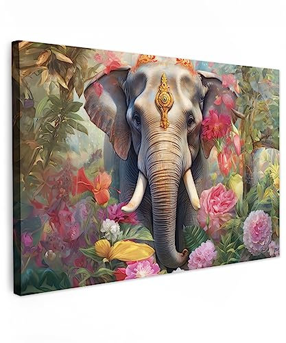 MuchoWow© Leinwände Groß 120x80 cm XXL Wall Decoration Bilder Schlafzimmer Deko Pictures Canvas Painting Wanddekoration Wohnzimmer Elefant - Blumen - Natur - Tiere