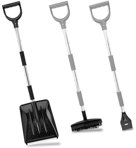 LESOLEIL Set di pala per neve, 3 in 1, portatile, pala da neve, con raschietto per ghiaccio e spazzola da neve, manico in acciaio inox (nero)