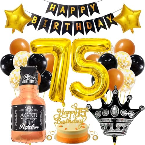 SNOWZAN 75 Geburtstag Deko Mann Frauen Schwarz Gold Party Deko 75 Geburtstag Männer Frauen Deko 75. Geburtstag Mann Geburtstagsdeko 75 Mann Happy Birthday Girlande Luftballon 75.geburtstag Mann Frau