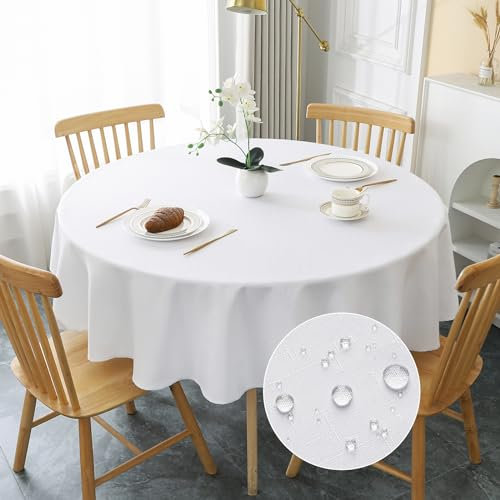 AooHome Tischdecke Rund Φ180cm, Weiß Leinen-Optik Tischdecken Abwaschbar Tischtuch aus Polyester Wasserabweisend mit Lotuseffekt, Dauerhaft Kratzfest für Wohnzimmer, Esszimmer, Balkon, Garten