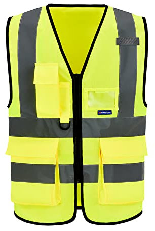AYKRM Sicherheitsweste Gelb Warnweste mit Reflektorstreifen mit Reißverschluss und Taschen Arbeitsweste