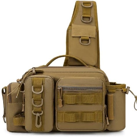 VAPK Fishing Sling Crossbody Tackle Backpack Box With Rod & Gear Holder, Lightweight Storage Shoulder Pack for Hiking, Hunting, ICE Fishing (Brown)
