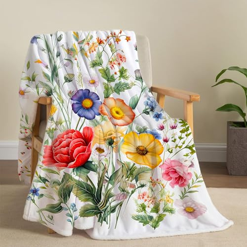 Floral Blanket Vintage Flowers Blankets Butterfly Wildflowers Throw Blanket Soft Cozy Flannel Fleece Throw Blanket Colorful Daisy Plants Bed Blanket for Couch Sofa, 50×60