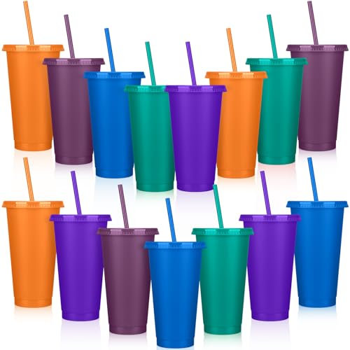 Bokon Tumbler with Straw and Lid Bulk 24 oz Reusable Plastic Cups with Lids and Straws Water Bottle Travel Mug Cup Tumblers Bulk for Cold Hot Drinks Parties Birthdays Adults(Vivid Color,15 Sets)