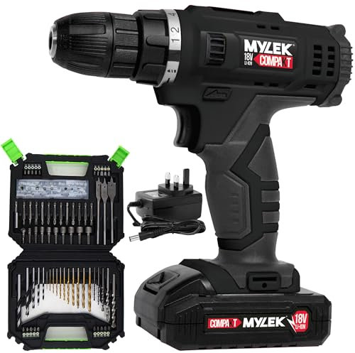 MYLEK MYW09 18V Cordless Drill Electric Screwdriver Set, Powerful Lithium Ion Battery Pack, 18 Volts Combi Driver with MYLEK 4ORCE Accessory Kit (128 Piece)