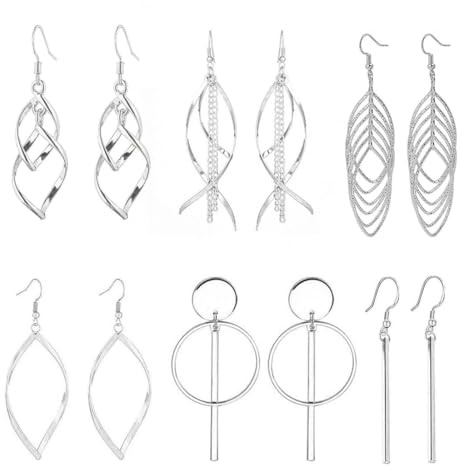 LEEQBCR 6 Paar Damen Mädchen Boho Ohrringe Edelstahl Hypoallergene Ohrringe Quaste Leaf Wave Modeschmuck (Silber)