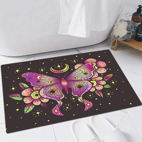 EMFSLA rutschfest Badezimmer Badeteppiche,Weich Hochflor Saugfähig Badvorleger Waschbar Flauschige Mikrofaser Badematte,Schmetterling mit Blumen und Sternen,60x90 cm