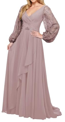 WSEYU Robes de mariée à manches longues pour invités de mariage, robes de soirée formelles en dentelle pour grand-mère, rose poudré, 44