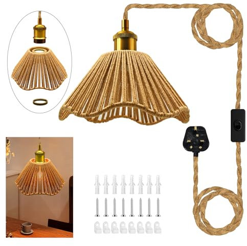 Rustic Plug in Ceiling Light Fixture,Retro Hemp Rope Pendant Lights with 16.7 Ft On/Off Switch and UK Plug Cable, E26 E27 Socket Plug in Hanging Lights with Woven Lampshade, for Bedroom Dinning Room