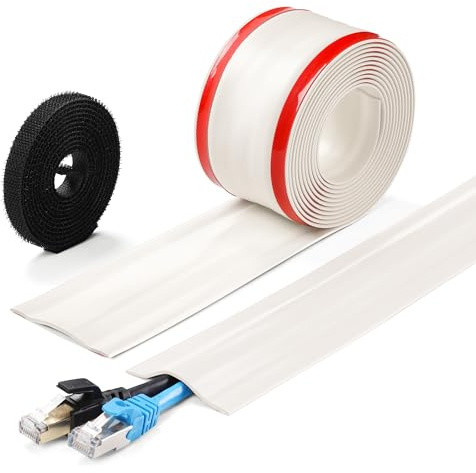ZhiYo 2.5m Self-Adhesive Floor Cable Cover, Soft PVC Cord Hider for Wires | Flexible Cable Protector for Carpet, Hard Floors & Wall, Cable Management for Home Office & Commercial, White
