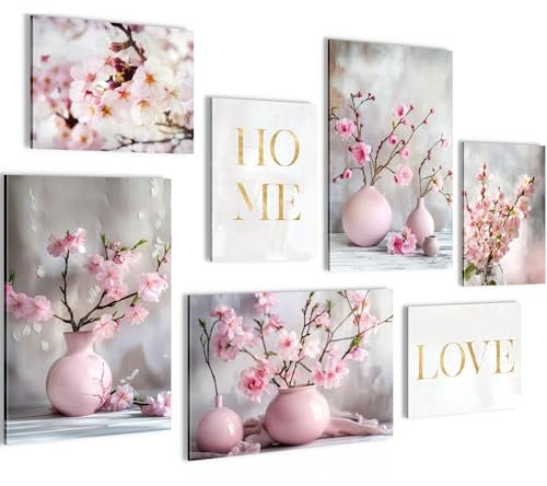 Novart PRÊT À ÊTRE ACCROCHÉ - Tableaux Decoration Set Fleurs Sakura Gris Rose - Salon Chambre Couloir XXL Collage - N029872a