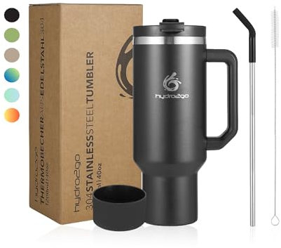 hydro2go Thermal Mug with Straw – Keeps Drinks Hot for up to 10 Hours – Cold for up to 12 Hours – Dishwasher Safe – BPA-Free – Travel Coffee Mug, Insulated Cup for Hot & Cold Beverages(Black, 1200ml)