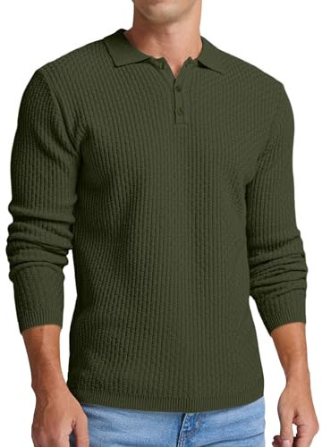 Sailwind Maglione da uomo a maniche lunghe in maglia polo maglione con bottoni maglioni invernali casual pullover polo, Verde scuro, XXL