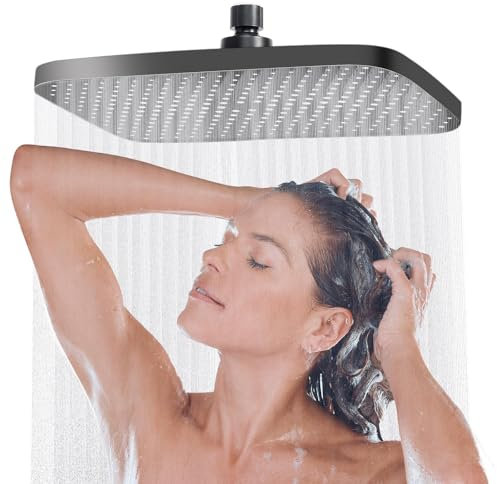 Tete de Douche Pluie, 14 Pouces Tete de Douche Carré en Acier Inoxydable, Rotatif 360° Angle Réglable Pommeau de Douche Carré Anti Calcaire Pomme de Douche pour Salle de Bain(Noir)