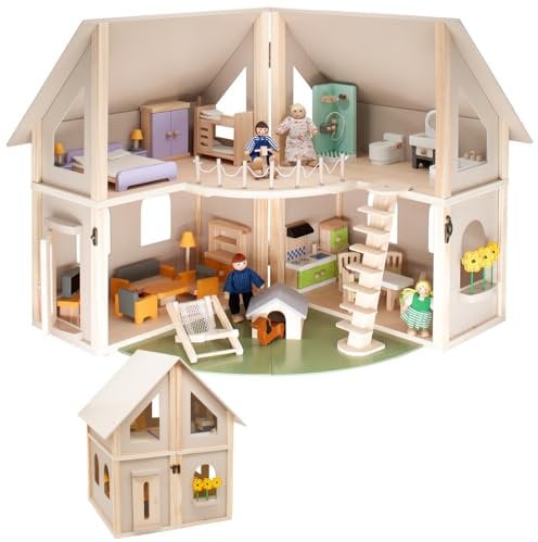 howa Maison de poupée en bois pliable, avec 30 pièces de meubles, 4 poupées et chien, avec 4 chambres, balcon, jardin, avec escalier, maison de poupée naturelle – Beige 7016