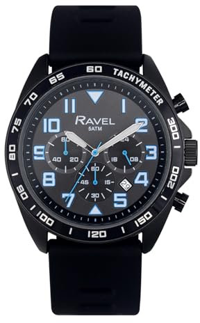 Ravel Plus - Schwarze Chronographen-Sportuhr für Herren (46 mm) mit Silikonarmband - 50m Wasserdicht - Japanischer Analogquarz - RP.CHR.003M - Schwarz