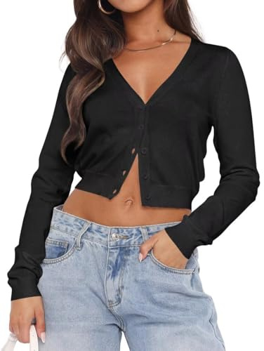 LACOZY Women Cardigan Sweater Open Front Cropped V Neck Button Down Knit Jacket Bolero Shrug Lightweight Sweaters Black XL