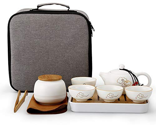 sjdoPulse Travel Tea Set, Portable Ceramic Kung Fu Tea Set, Office 1 Pot Of Four Cups, Tea Tray, Tea Pot, Tea Clip, Tea Towel, Handbag