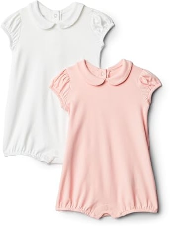 Amazon Essentials x Sofia Grainge Baby Girls' Cotton Short Sleeve Romper with Peter Pan Collar, Pack of 2, Light Pink/White, 18 Months
