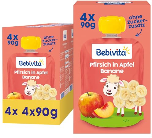 Bebivita Pfirsich in Apfel Banane Quetschie – 16 Stück (4er Pack, je 4 x 90g), ohne Zuckerzusatz, glutenfrei, ideal für unterwegs und selbständiges Snacken