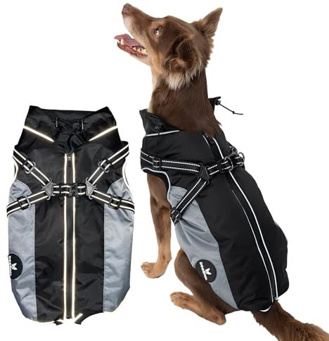 DOGOPAL Regenmantel Hund mit Integriertem Geschirr – Wasserdichter Hunderegenmantel, Winddichter Hundemantel, Reflektierende Regenjacke für Kleine & Große Hunde, Hohe Sichtbarkeit (Grau, #2)