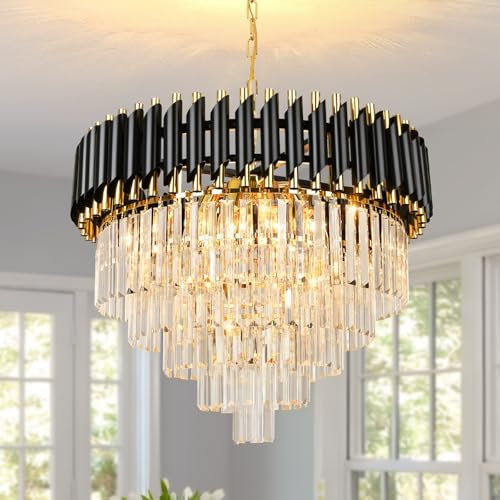 AOOCHOK Black and Gold Crystal Chandelier Pendant Light, Round Modern Crystal Chandelier for Dining Room, Living Room, Bedroom, Restaurant, E14 x 8, Φ60cm