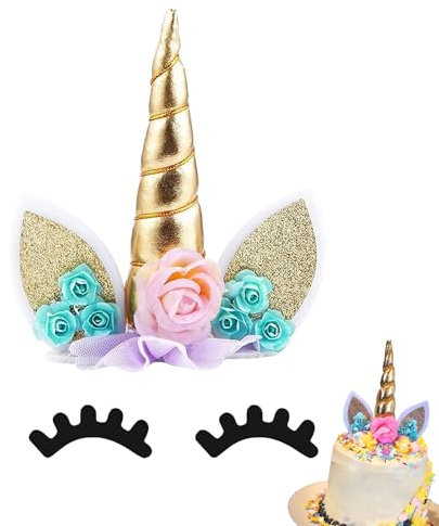 Goldenes Einhorn-Tortenaufleger-Set | Wiederverwendbare Glitzer-Hörner & Ohren + Wimpern | Party-Dekorationen für Mädchen-Geburtstagspartys Hochzeiten & Regenbogen-Torten