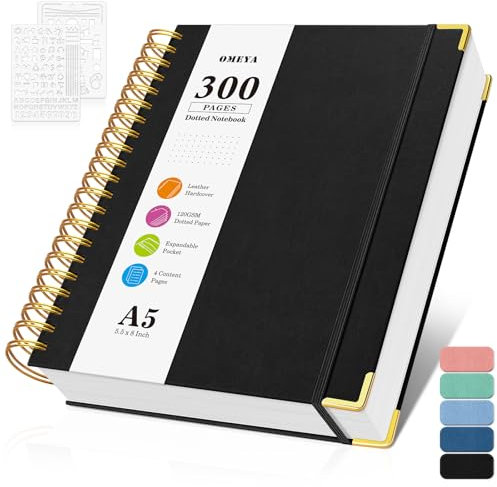 Notizblock, Notizbuch A5 Gepunktetes, Bullet Dotted Journal, Notizbücher mit 300 Seiten, 120GSM, Hardcover Leder spiralbindung Dot Journal für Frauen und Männer,Großes Notizbuch für Arbeit Büro Schule