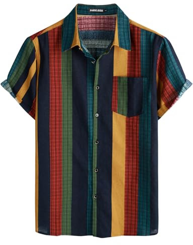 PARKLEES Men's Linen 70s Hippie Style Floral Print Shirt Short Sleeve Button Down Hawaiian Shirts Colorful Stripe Large