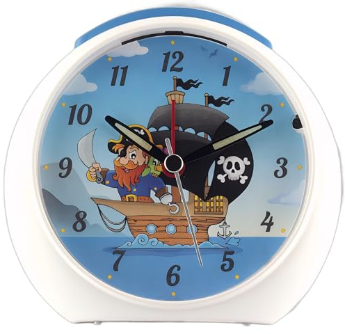 20116-08-3-EUROTIME Kinder-Quarzwecker mit schleichender Sekunde und Motivzifferblatt Piratenschiff, Weckwiederholung und LED-Beleuchtung