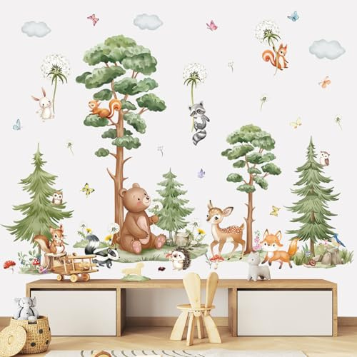 wondever Stickers Muraux Animaux Forêt Arbre Grand Autocollant Muraux Ours | Décoration Murale Peel & Stick, Décoration Bébé Pépinière Chambre Enfants, Couleurs Vives et Nettes, Stickers Murals Amovible