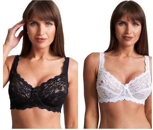 COSHAL® 2 Wired Bras Womens Floral Lace Underwired Bra Full Coverage Lace Bra – Soft Cup Non-Padded Push up Bra with Adjustable Straps Women Every Day Black & White Bras Black & White 44C