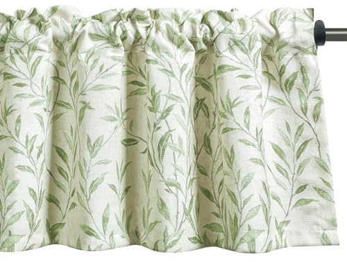 VOGOL Small Vine Kitchen Valance, Fresh Green Leaves Linen Textured Curtain Valance, Light Filtering Rod Pocket Short Window Topper for Cafe Bedroom, 52×12, 1 Panel
