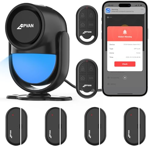 CPVAN Home Alarm System, 2.4G WiFi PIR Motion Sensor Alarm, Wireless DIY Smart Door/Window Alarm for Home Security with Phone APP Alert 7 Pieces Kit (PIR Alarm Hub, 4 Door Sensors, 2 Remotes), Black