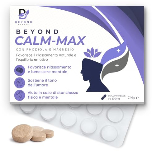CALM-MAX Integratore naturale Completo Rhodiola Rosea Magnesio Vitamina B6 B12 Passiflora Teanina Biancospino per Stanchezza Fisica e Mentale Concentrazione Umore 36 Compresse Made in Italy