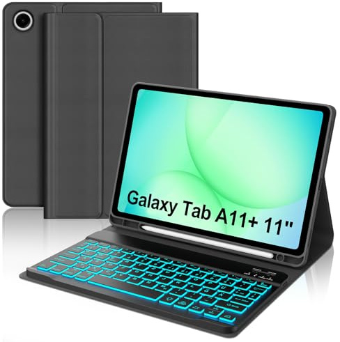 JADEMALL Tastaturhülle für Samsung Galaxy Tab A11+Plus/A9+Plus 11 QWERTZ | Mit 7-Farben Beleuchtung - Leichtes Schutzhülle mit Tastatur, Für Galaxy Tab A11+ Hülle mit Tastatur Schwarz