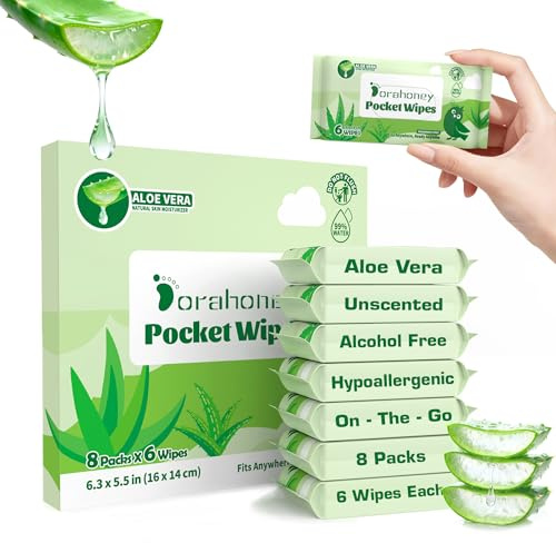 Dorahoney Travel Wet Wipes Mini with Aloe Vera, Sensitive Pocket Size Wipes, 99% Water, Unscented, Hypoallergenic for Adults, Kids and Baby Care, Small Pack Hand & Face Wipes, 8 Pack (48 Wipes Total)