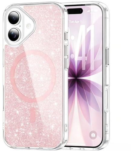 IMEIKONST Magnetic for iPhone 16 Plus Case Clear Glitter Pink JXSF | Compatible with Magsafe, Slim Fit Transparent Cover, Sparkle Bling, Soft TPU Bumper Shockproof, for Women and Girls