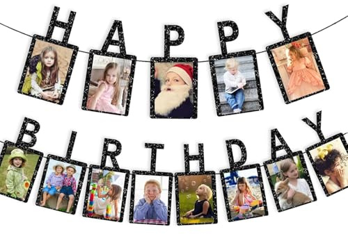 Aribliseza Happy Birthday Girlande, Fotogirlande für Geburtstag, Wimpelkette für Happy Birthday Deko, Geburtstagsbanner für Kinder und Erwachsene, Dekoration für Party Hintergrund Schwarz