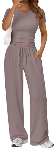 LILLUSORY 2 Piece Lounge Wear Sets for Women UK Vacation Travel Outfit Airport Casual Elastic Waisted Wide Leg Trousers Co Ord Sets Dressly Capsule Wardrobe Clothing 2026 Rose Taupe L