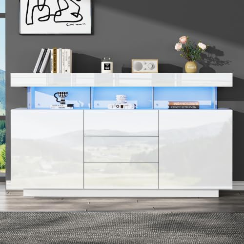Merax Modernes Sideboard Hochglanz, 140 x 35 x 80 cm, mit LED-Beleuchtung (16 Farben, Fernbedienung), Kaffeebar, Aufbewahrungsschrank für Wohnzimmer, Küche und Flur, Weiß